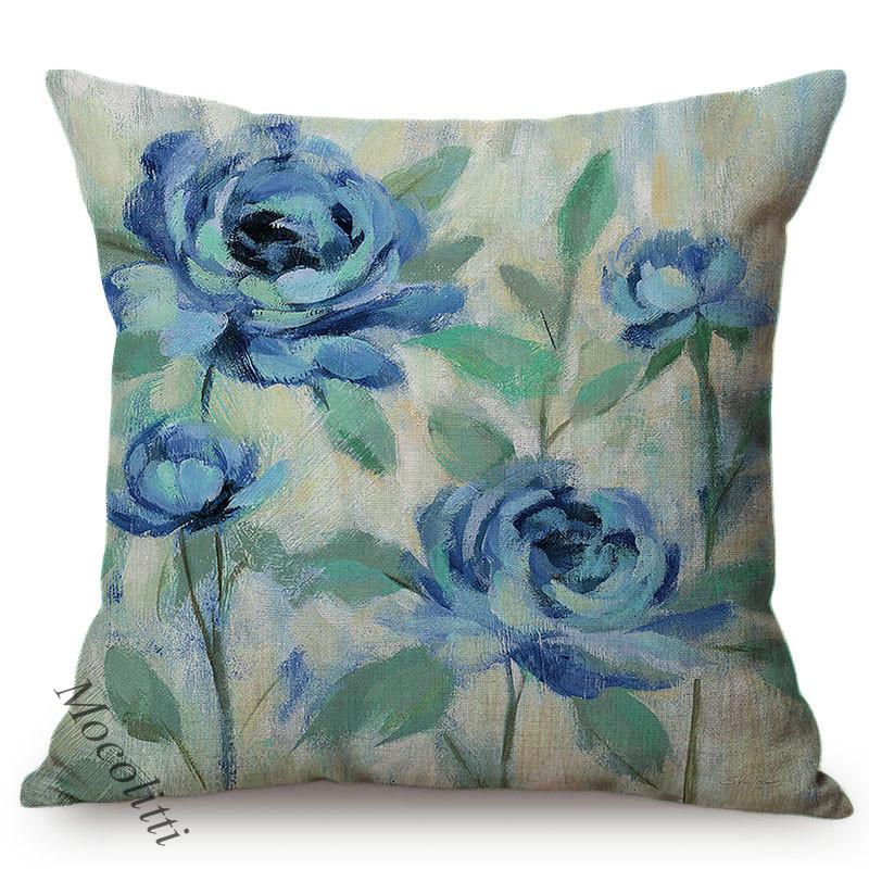 Spring Decoration Blue Flower Blue Birch Cherry Dogwood Blossoms Branch Oil Painting Design Cushion Cover Sofa Throw Pillow Case