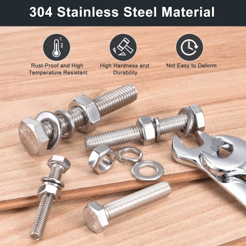 uxcell Hex Thread Bolts, Nuts, and Flat Lock Washers Kit, M6 X 35mm, 304 Stainless Steel, Fully Threaded Hex Bolts, Set of 4