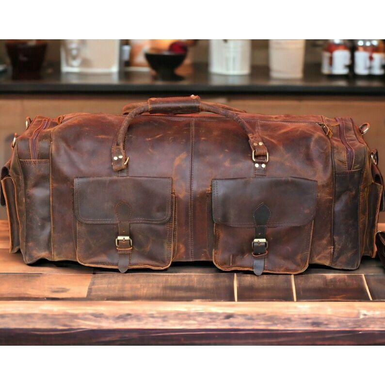 Personalized Leather Duffle Bag Travel Carry On Luggage Overnight Gym Weekender Handmade Duffel Bag Groomsmen Gift Oversized Christmas Gift