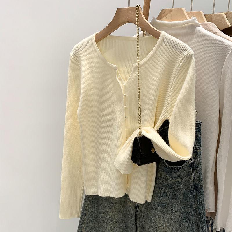 Женские свитера, пуловеры 2025 Осень-Зима Длинный рукав V-образный вырез Черный вязаный свитер Женские топы, пуловер JJ93 One Size абрикосовый