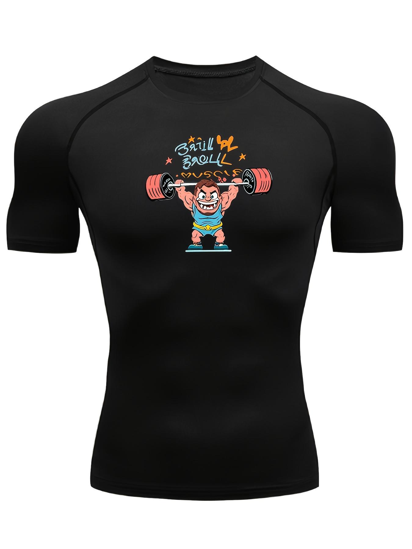 Men s Grey Cartoon Weightlifter Print Compression T-Shirt, Quick Dry Breathable Funny Gym Workout Top S чёрный