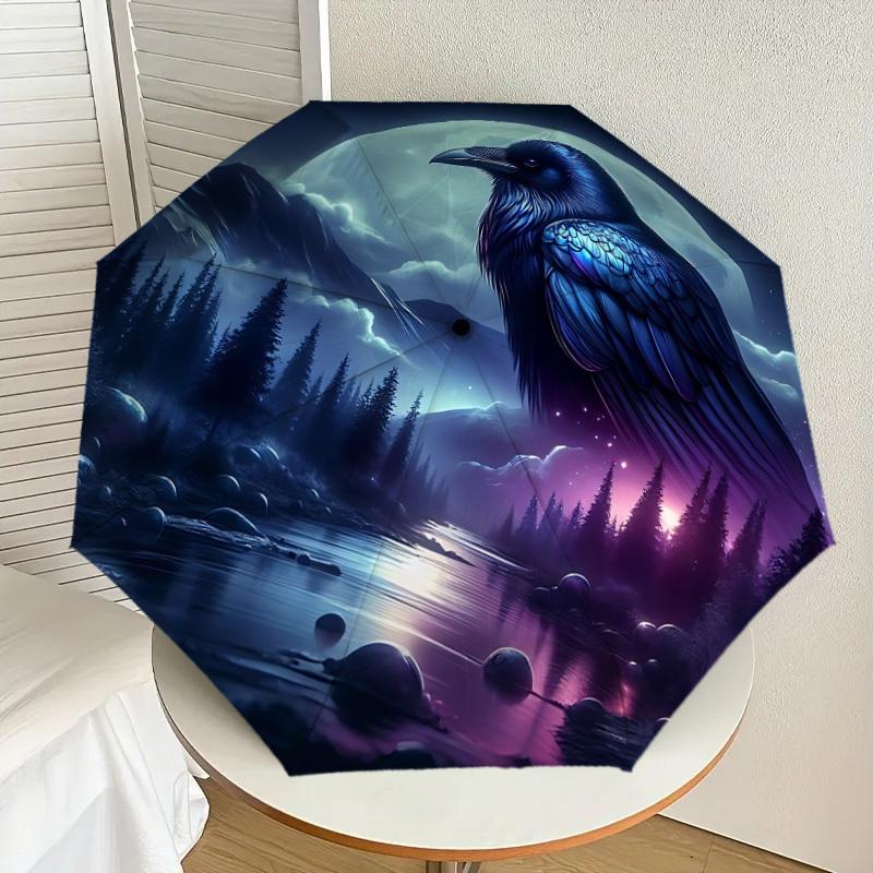 1pc Moonlit Raven Night Automatic Folding Umbrella, 8 Ribs Iron Frame, Suitable for Outdoor Travel and Daily Use Yy251120247