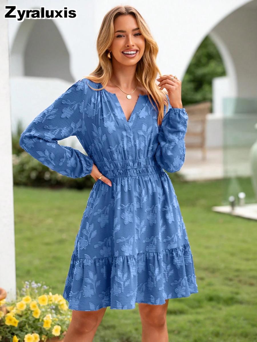 Spring/Autumn Ribbed V-Neck Loose Fit High Waist Wide Leg Dress Women Long Sleeve Ruffles Hem Dress S синий