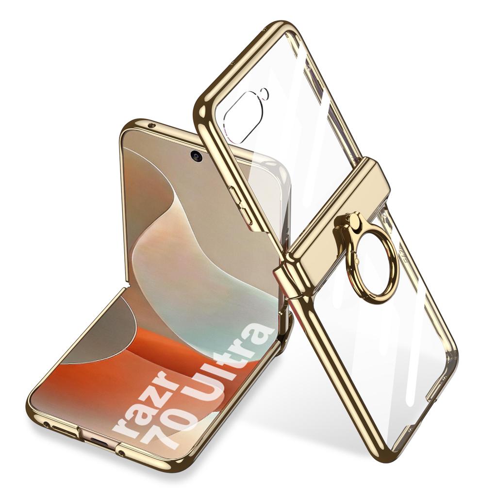 Electroplated Transparent Phone Case for Motorola Razr 70 60 Ultra with Metal Ring Holder Hinge Glass Protective Film Cover