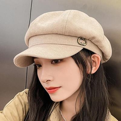 Frauen Herbst Winter Koreanische Mode Kappe Einfarbig Ente Zunge Hut Doppel C Britischen Retro Achteckigen Hut