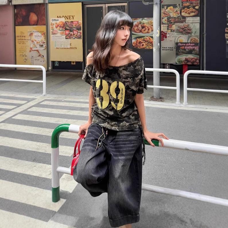 2025 Sommer Damen Slim Fit Camouflage Ein-Schulter T-Shirt