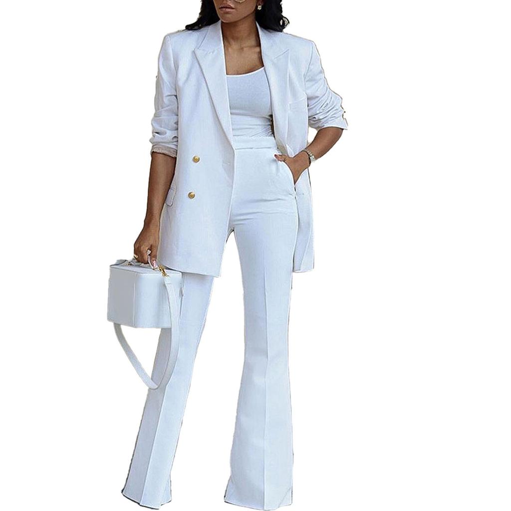 Women 2 Pieces Suit Plain Color Wide Leg Trousers Turn Down Collar 2 Pieces Long Pants Suit for