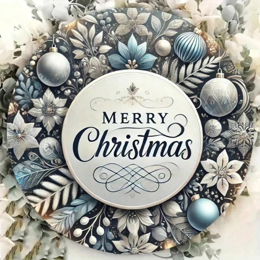 1pc Vintage Blue Iron Merry Christmas Wreath Sign Metal Wall Plaque Home Decor Indoor Outdoor