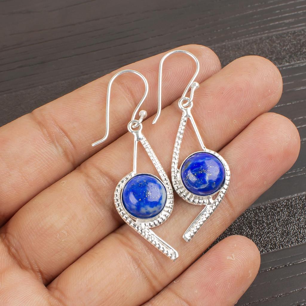 Natural Lapis Lazuli Gemstone 925 Sterling Silver Handmade Elegant Drop Earrings 2.00" For Women EE-53-35