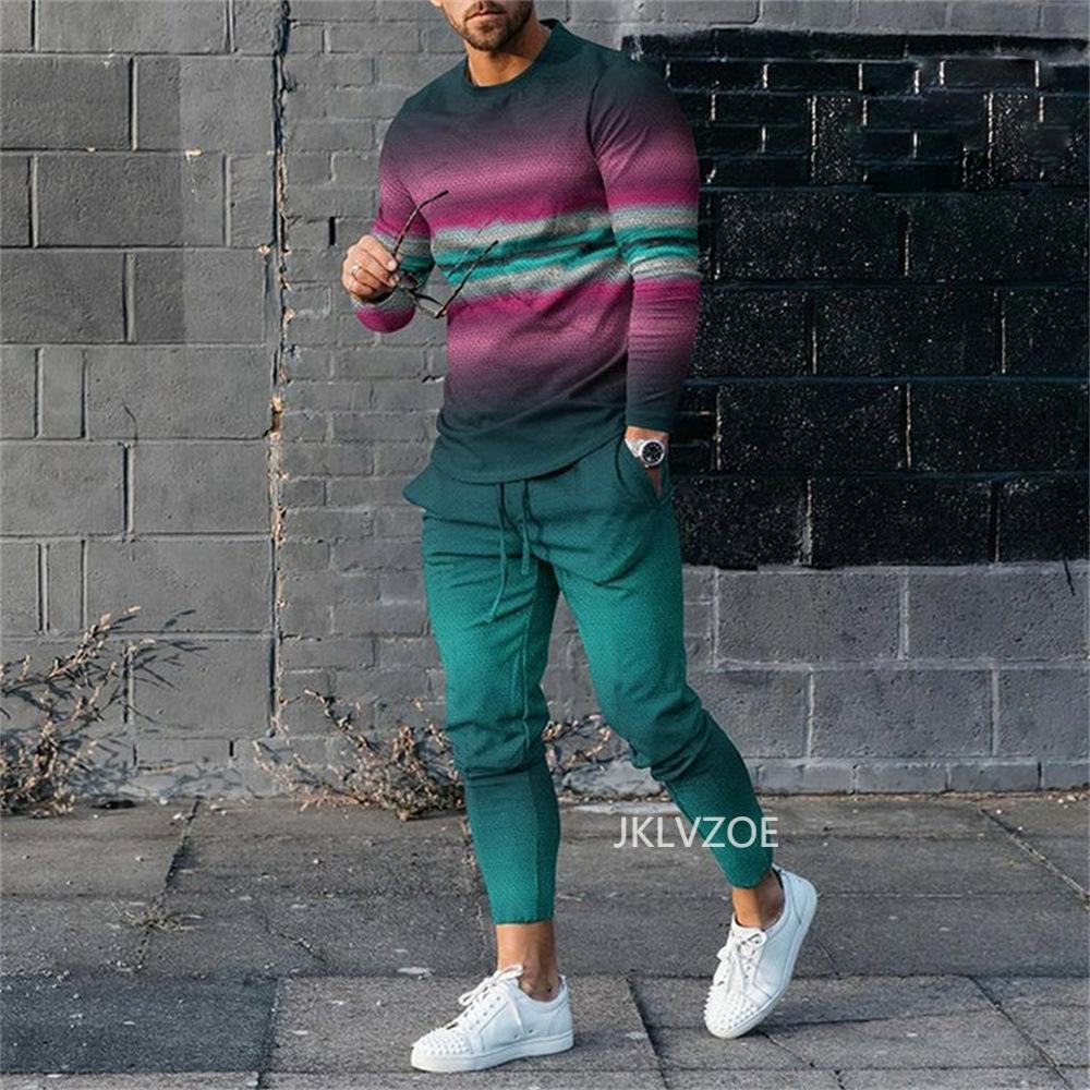 Autumn Men T-shirt Trousers Suit Stripe Gradient Graphic Printed Tracksuits Oversized Long Sleeve Male Pants Outfit 2 Piece Sets