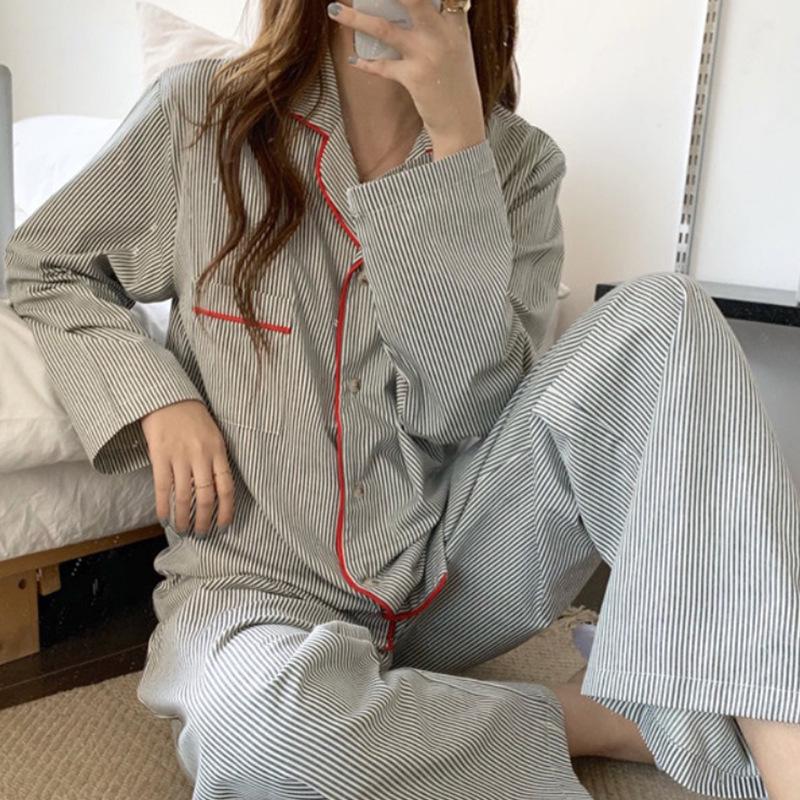 Women's Striped Long-Sleeve Cardigan Pajama Set - Korean Style