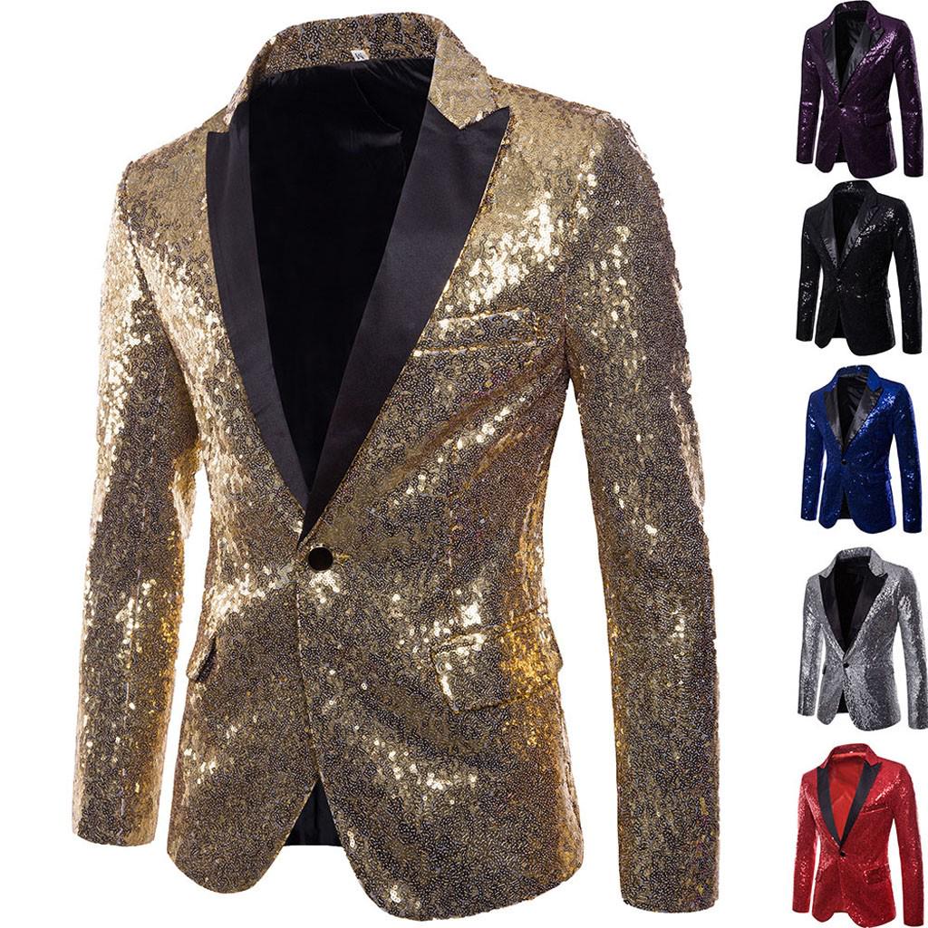 Charm Men's Casual One Button  Fit Suit  Coat Jacket Sequin Party Top