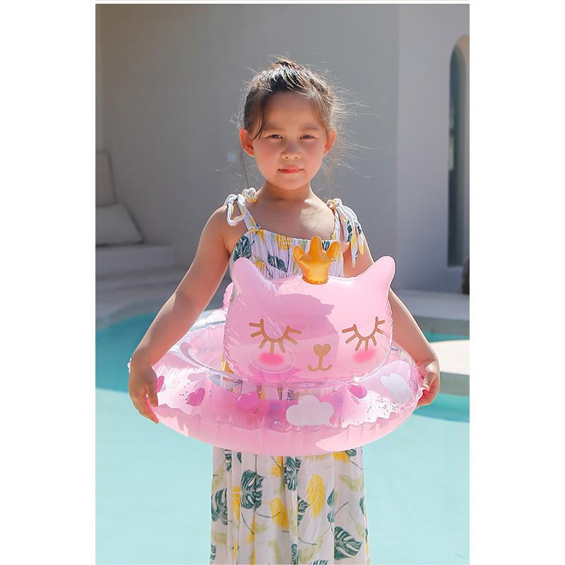 Cartoon Cat Shape Thickened Kids Inflatable Swim Ring For Toddlers With Sponge Bottom Pvc Material Ages 2-4
