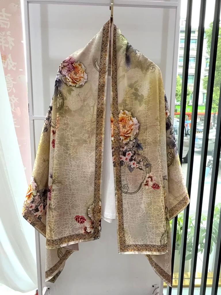 New fragrant cloud flower dill double-sided shawl handmade fine curled edge long silk scarf women's cheongsam fabric high-end versatile scarf