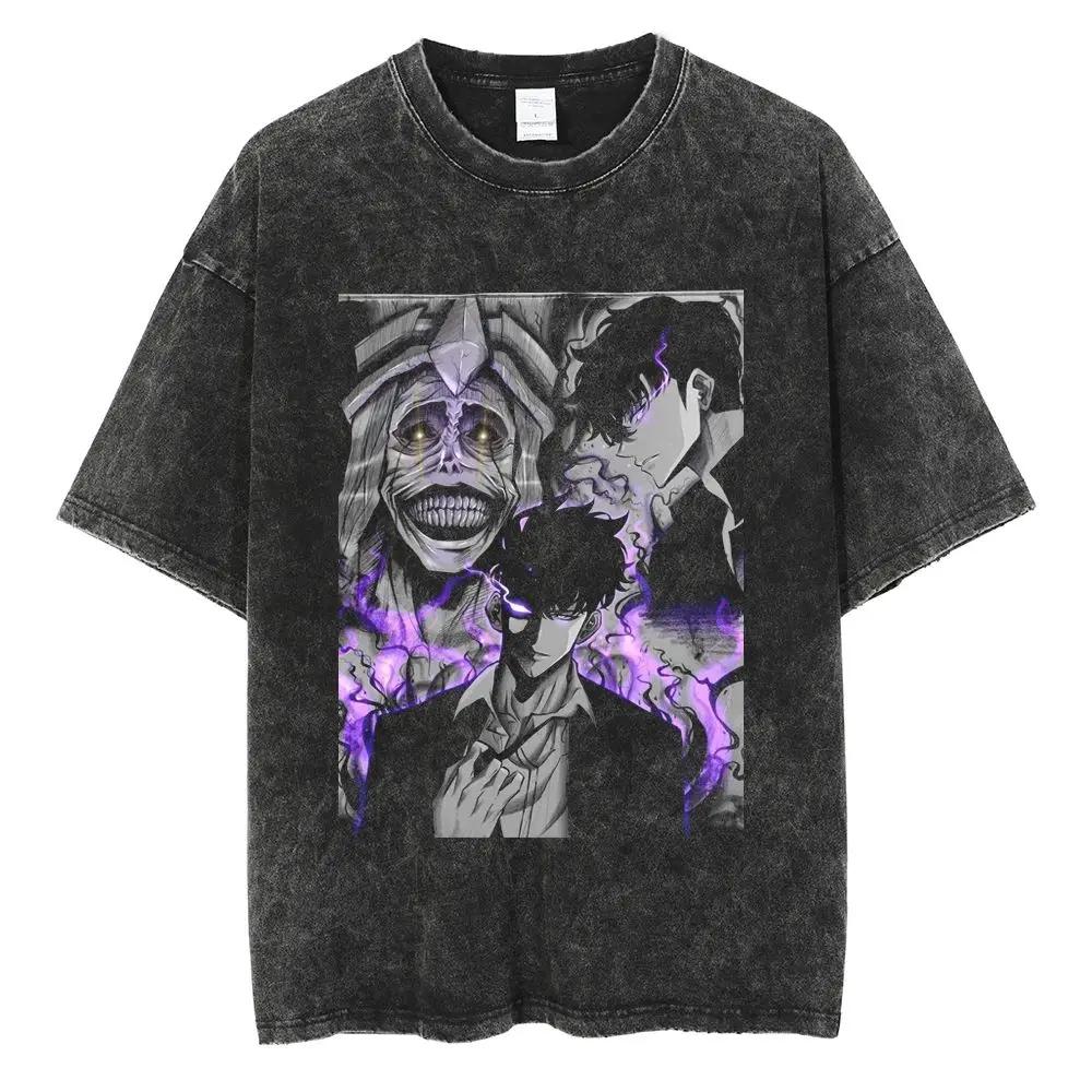 Hot Summer Anime Solo Leveling Sung Jin Woo Print T-shirt Women High Quality Washed Cotton T-shirts Harajuku Plus Size T Shirt
