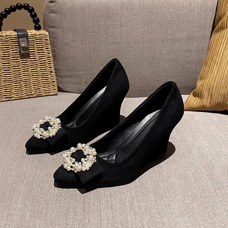 Slope Heel Fashion Shoes Women Spring New Water Diamond Pointed Shallow Mouth Soft Sexy High Heels Women Black Retro Footwear 43