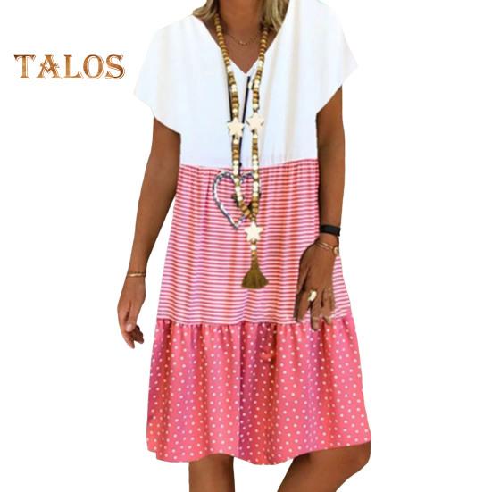 

Женское летнее платье с цветными блоками и V-образным вырезом, короткими рукавами, свободным цифровым принтом, плиссированное платье-трапеция для свиданий, на каждый день S розовый