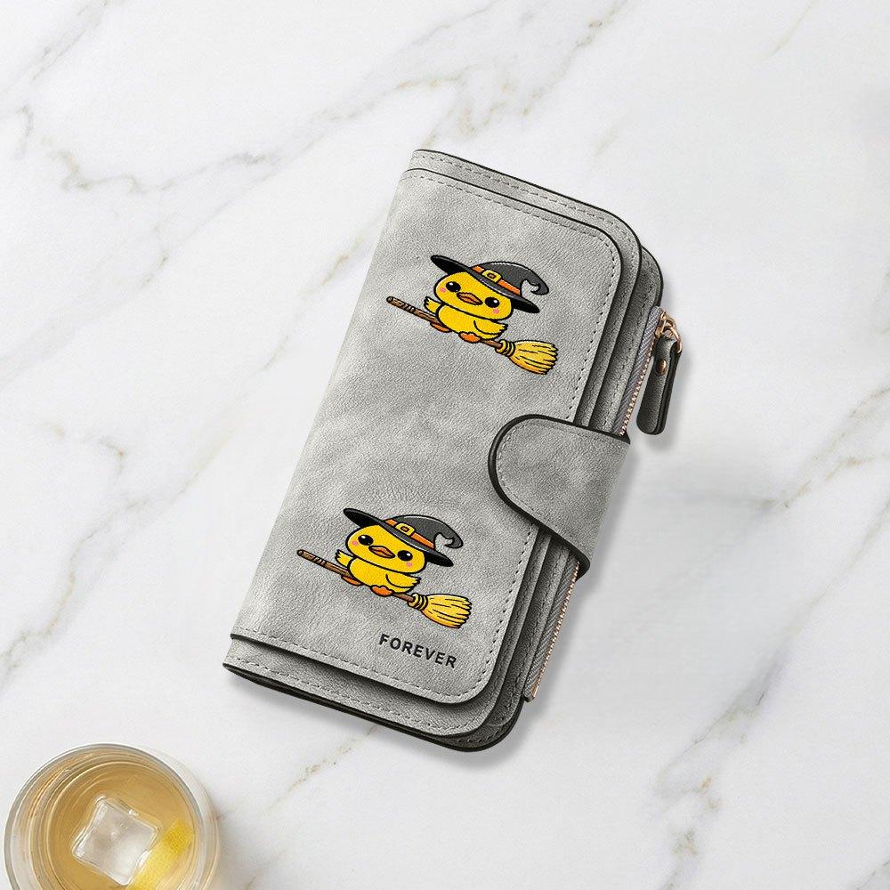 Cute Duck Witch On a Broom Print Long Wallet Multifunctional Portable Coin Purse with Clasp Large Capacity Clutch Bag Perfect for Daily Commuting