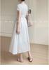 Elegant Slim-fit Round Neck Patchwork Dress for Women - Waist-cinching Solid White, Gentle Style, Summer Long Dress
