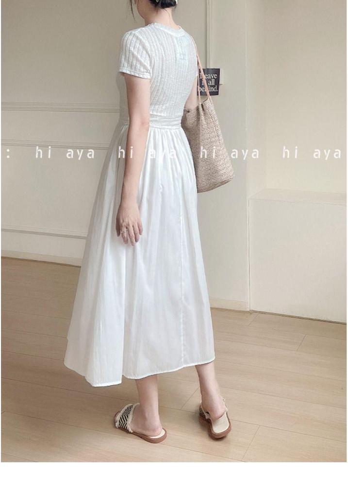 Elegant Slim-fit Round Neck Patchwork Dress for Women - Waist-cinching Solid White, Gentle Style, Summer Long Dress