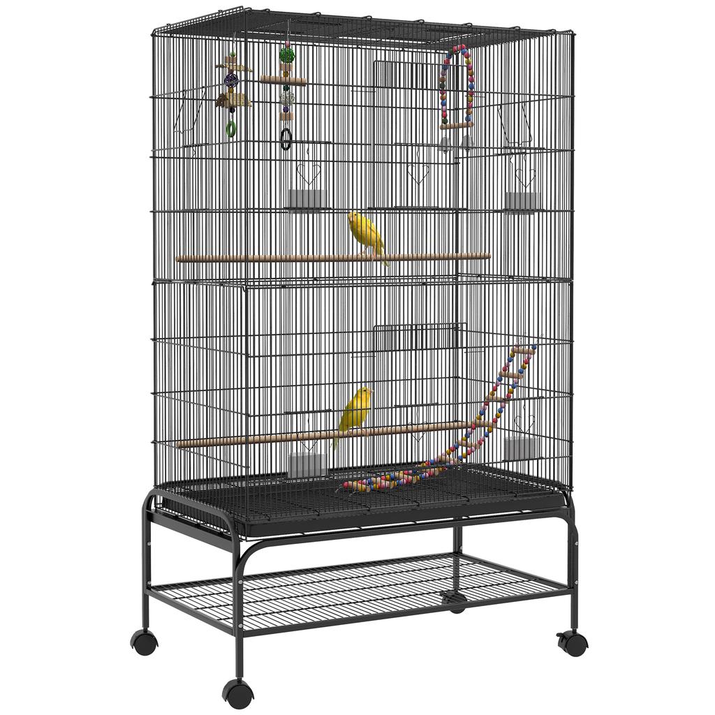 Bird Cage with Wheels, Feeders, Perches, Removable Tray and Lower Shelf 97x58x160 cm Black