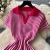 Women's Striped Dress Summer Dress V Vertical Vintage A-line Sweater Dress
