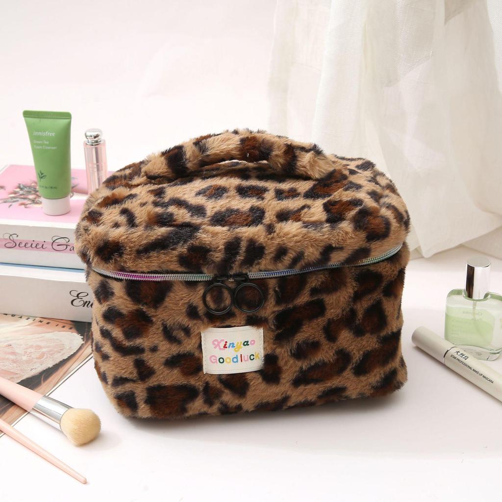 Leopard Print Plush Cosmetic Wash Bag and Warm Scarf Set