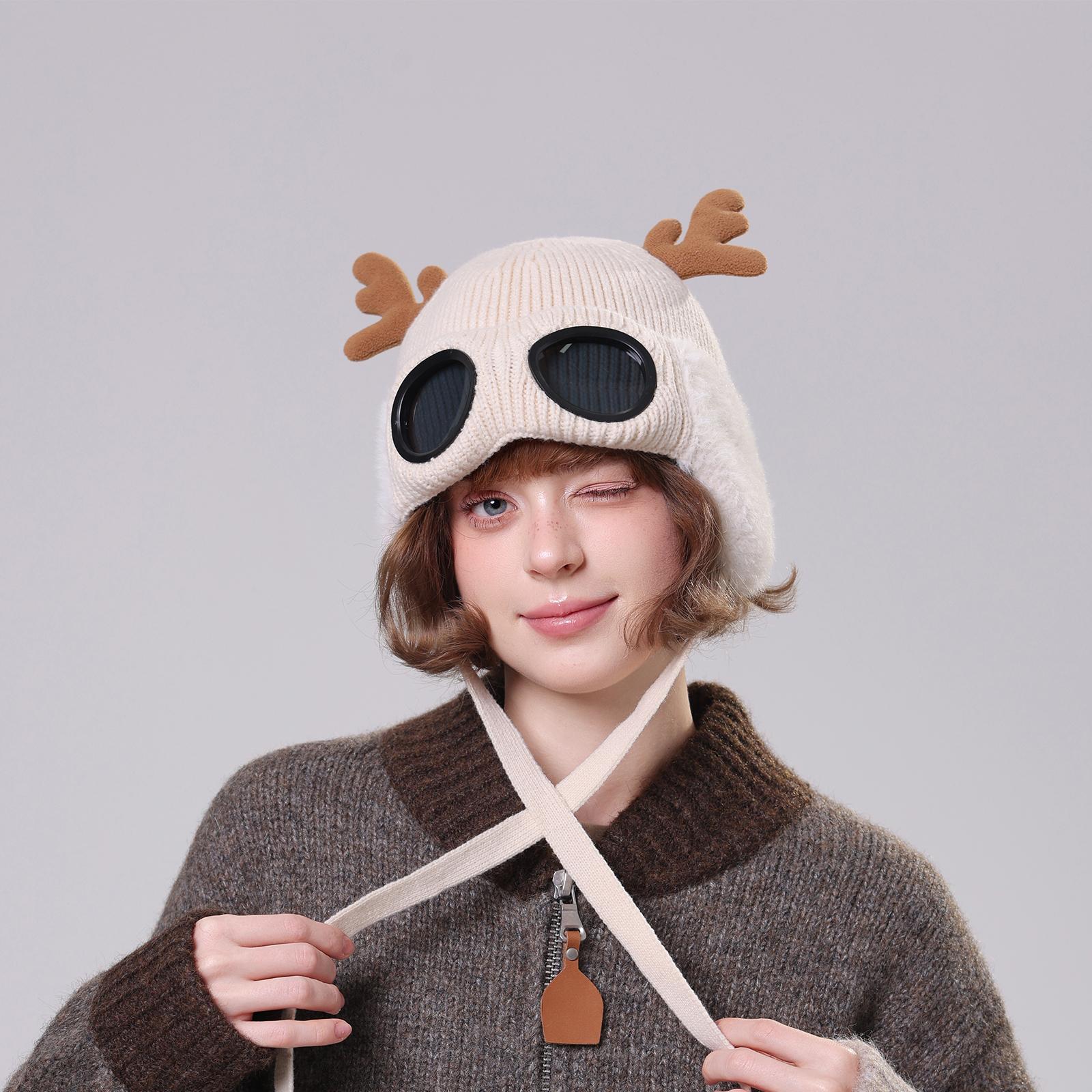 

Men s And Women s Windproof Goggles With Fleece Ski Hats Knitted Warm Knitting Hat Deer Antler Hat One Size