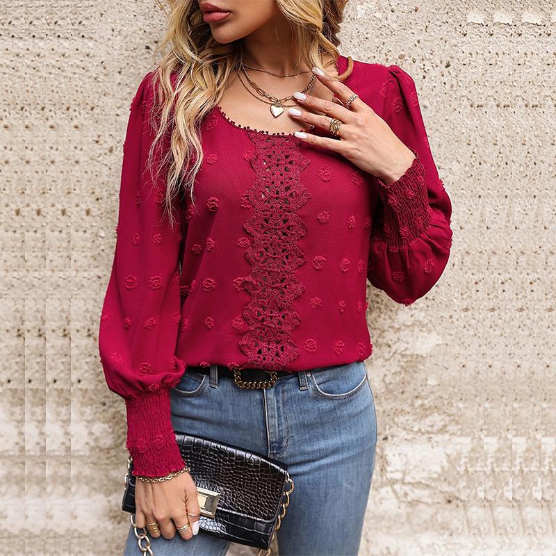 Damska koszulka z okrągłym dekoltem i bufiastymi rękawami, koronkowa, modna koszula o temperamencie