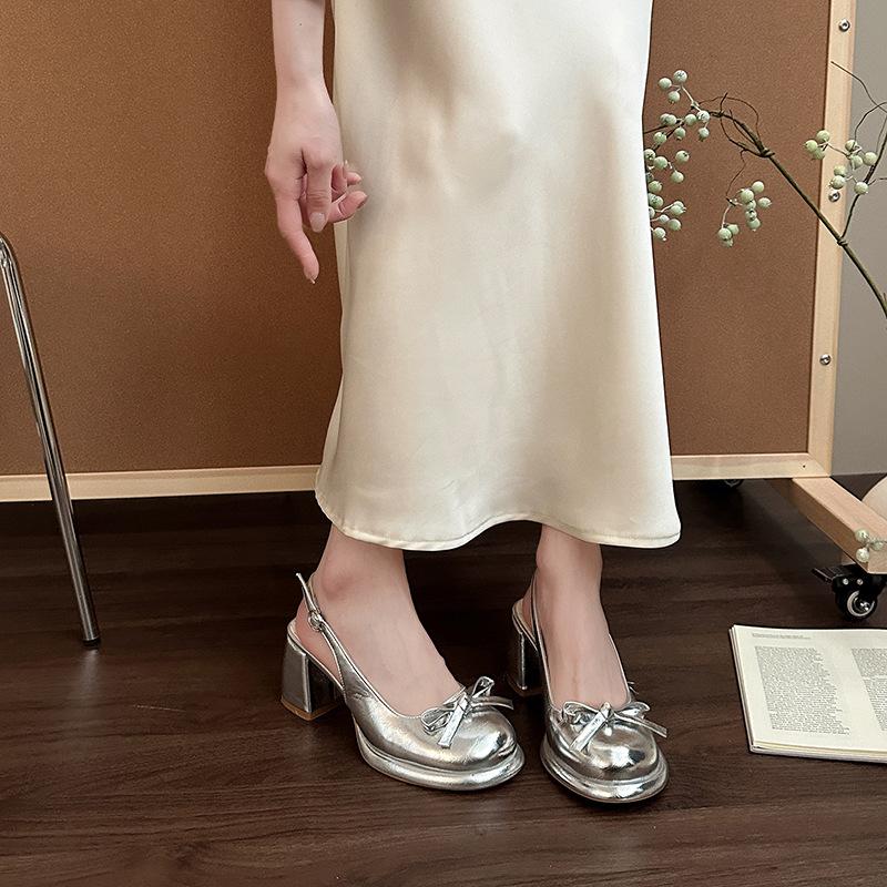 Fairy bow Shipo heel single shoes outer wear 2025 spring and summer new female open-toed square head with skirt high-heeled slippers