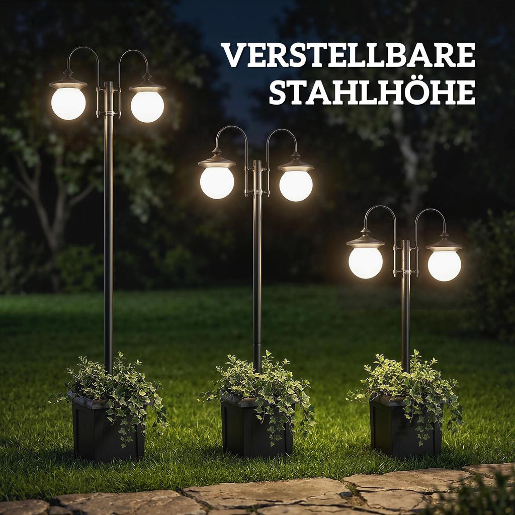 Solar Lantern Floor Lamp 182 Cm Height-Adjustable Outdoor Garden Lantern with 2 Heads Planter Light Sensor Switch IP44