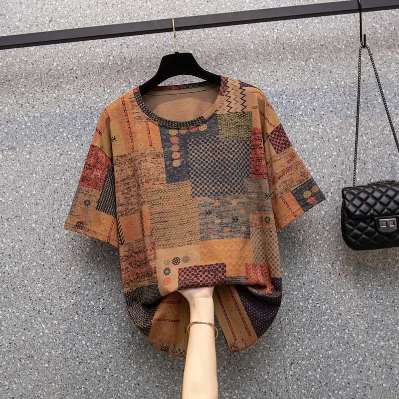 T-shirt Cotton Large Size Women Summer Loose Round Neck Pullover Bottoming Shirt Short-sleeved Tops