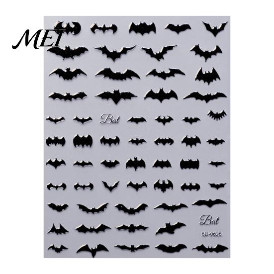 DIY Home Manicure Tools Halloween Nail Art Stickers, 3D Embossed Skeleton Hand Pumpkin Bat Dark Style Wraps Black Decals, Self-Adhesive Sliders