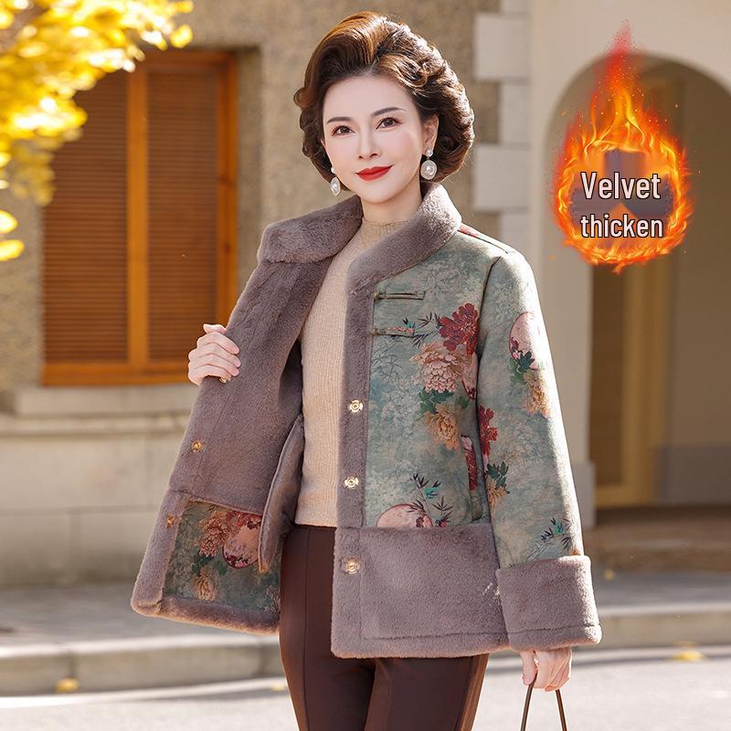 Velvet Plus Ancient Style Print Warm Jacket for Middle-Aged & Elderly Women - Winter Casual Wear