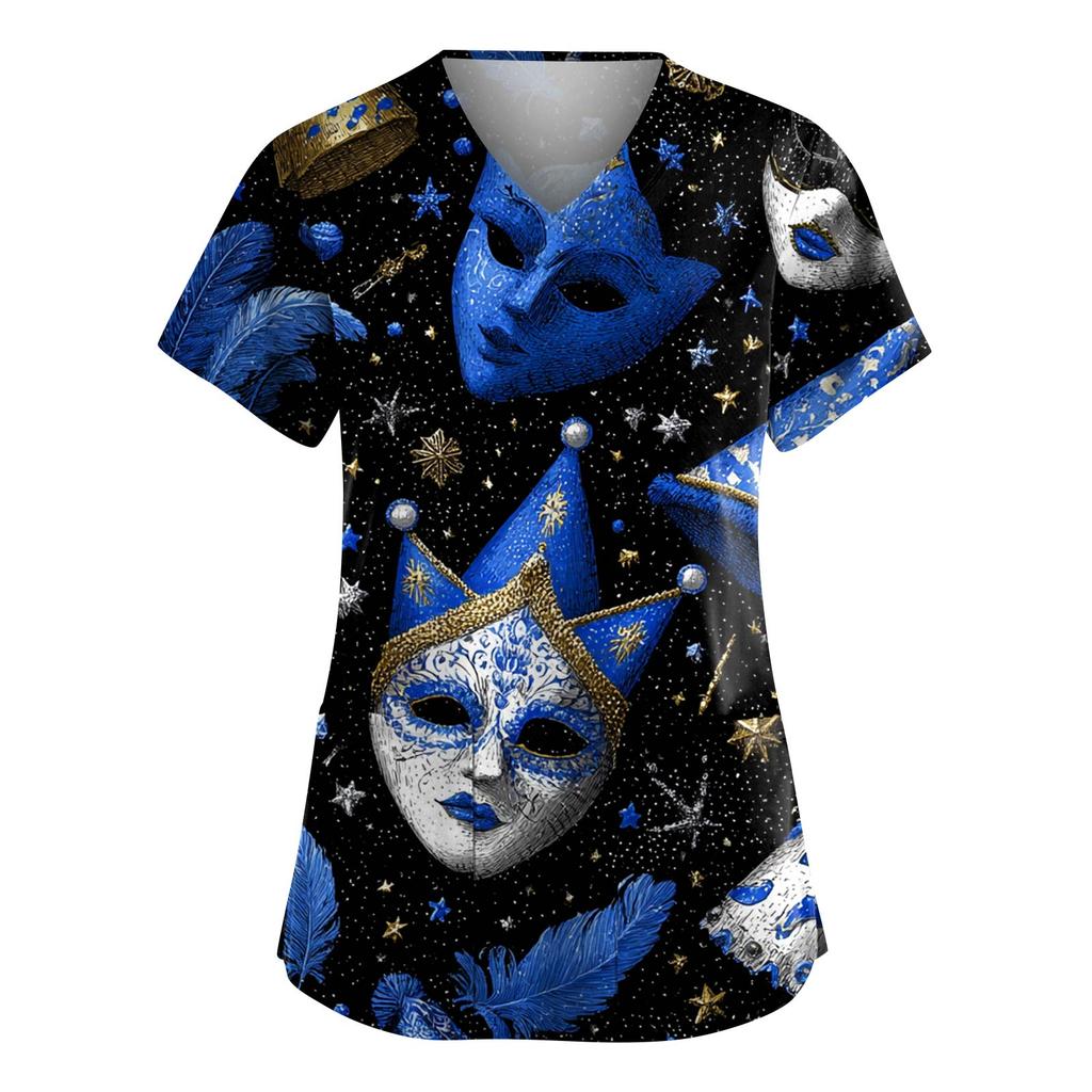 Women's Fashion V-Neck Short-Sleeved Workwear With Pockets Carnival Print Top Caregiver Uniform