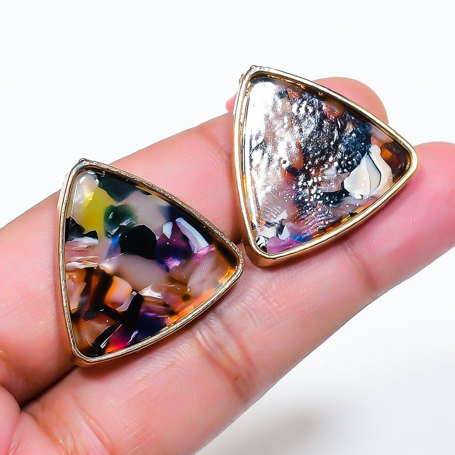 Natural Dendrite Opal Gemstone Brass Jewelry Earring 0.99  AE-12923