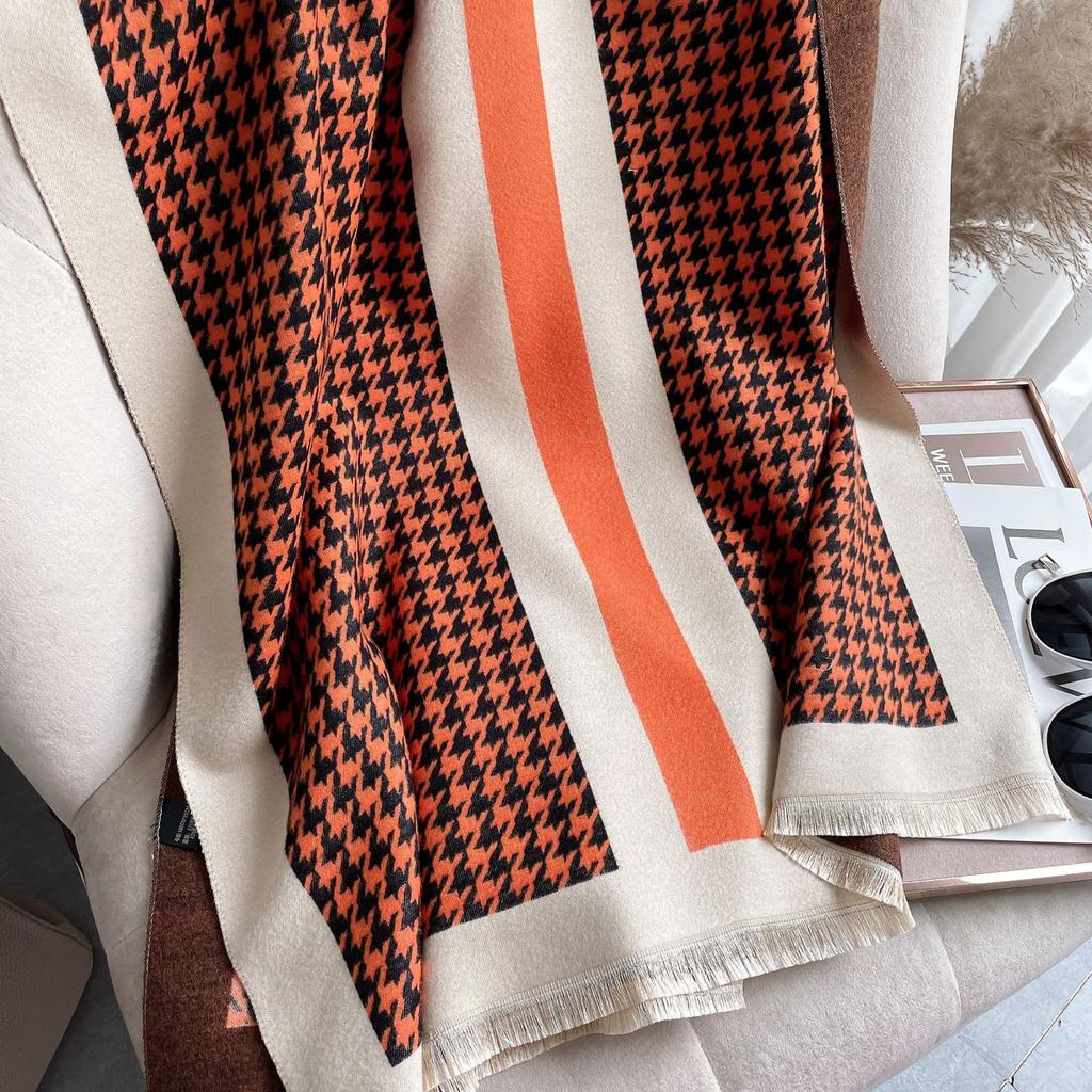 Imitation Cashmere Scarf Women'S Air-Conditioned Room Shawl Thousand Bird Grid Jacquard Elegant Long Scarf Short Beard Fringe Decorative Scarf