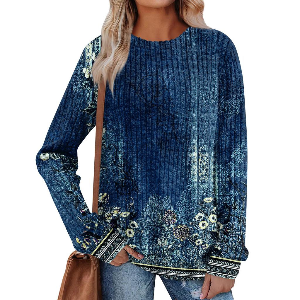 Women's Printed Lightweight Brushed-Cotton Round Neck Top