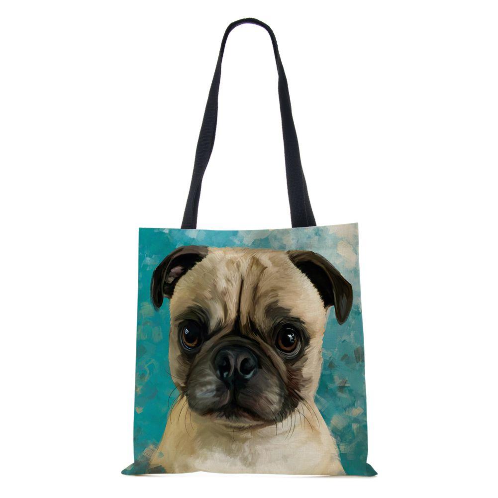 Dog Women Shoulder Bag Shopper Canvas Casual Grocery Handbag Eco Reused Print Painting Vintage Large Capacity Tote Books Bag CLE