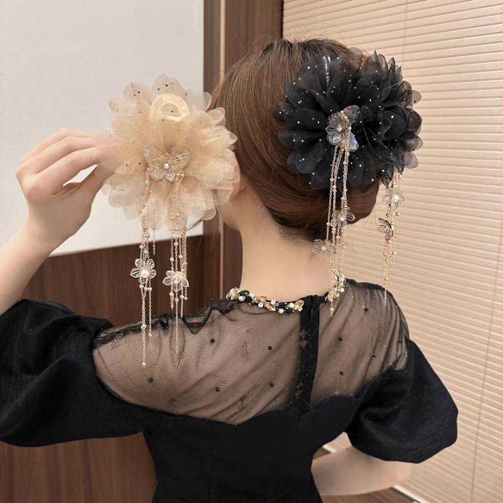 Peony Flower Grasping Clip Mesh Flower Hairgrips Temperament Hair Claw Clips  Women