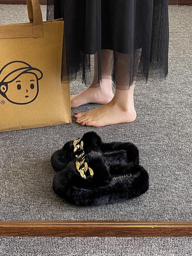 Internet celebrity fairy fluffy slippers female outer wear thick bottom heightening non-slip autumn and winter ins home chain plush slippers
