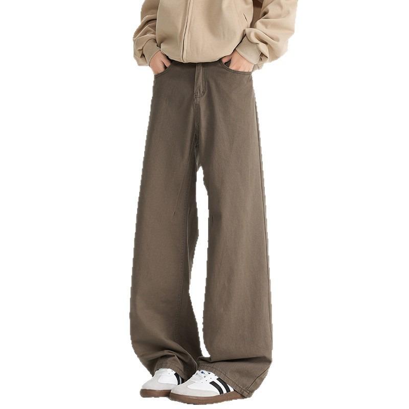Unisex Mid Rise Solid Color Wide Leg Cotton Twill Casual Trousers With Side Pockets S серый