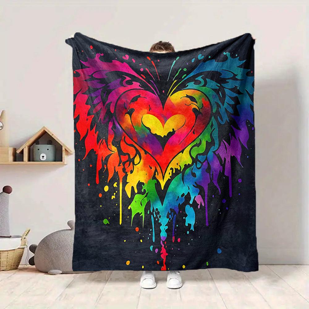 1pc Heart Rainbow Lightweight Flannel Blanket, Comfortable and Warm Blanket, for Office and Camping Sofa Bed073