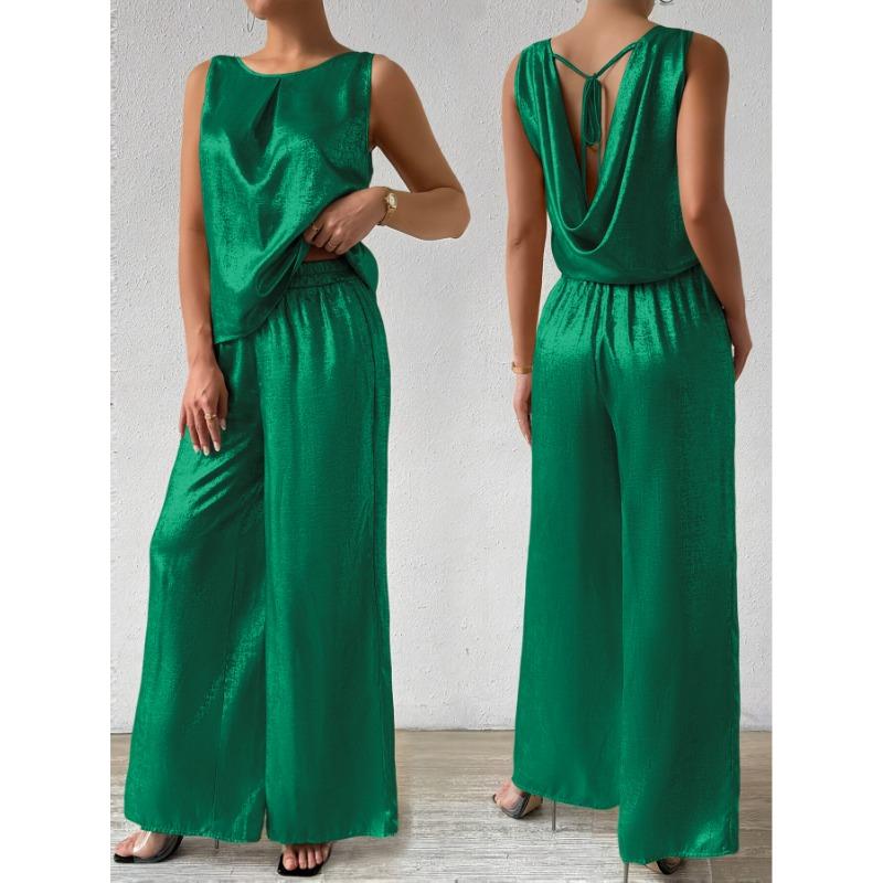 Women's Fashion Summer Sleeveless Vest Top High Waist Drop Wide Leg Trouser Suit