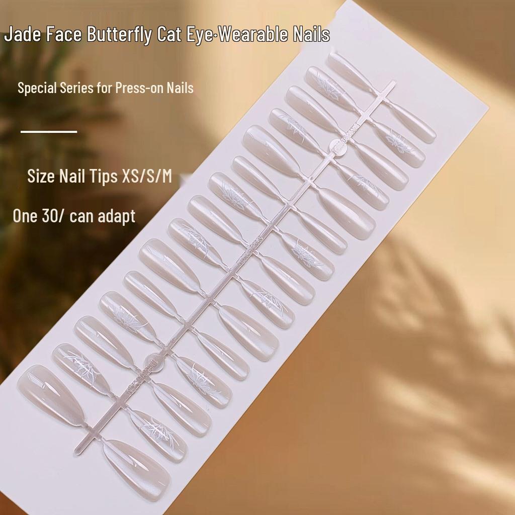 

Exquisite Jade Butterfly Cat Eye Wearable Nails – Simple Snow White False Nail Pieces