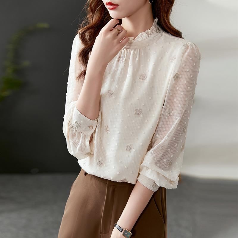 Autumn Fashion Embroidered Solid Blouse Women New Classic Long Sleeve Auricular Collar Temperament All-match Lady Shirt Top