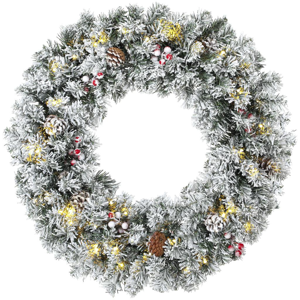 Christmas Wreath Door Snowy Effect with 50 LED Lights Pinecones Berries and Festive Bow for Fireplace Wall Window