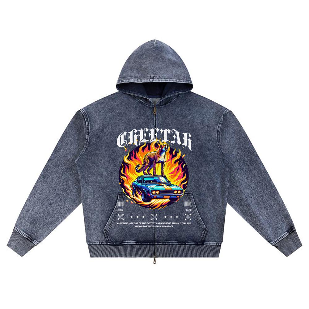 

DTG print Knitted Denim Zip-Up Hoodie Cheetah Brother Print Zipper Hoodies XL темно-синий