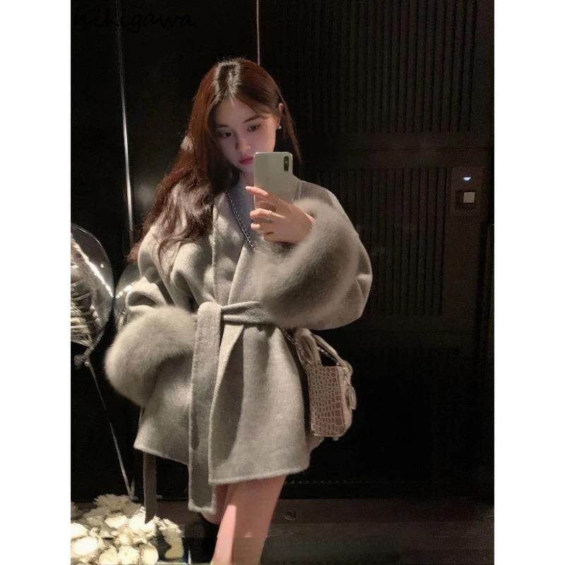 Fashion Coats for Women Patchwork Furry Long Sleeve Bandage Outwear Korean Y2k Clothing Korean Temperament Solid Color Jackets