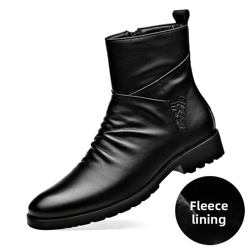 Genuine Leather Men Boots High Quality Cowhide Leather Boots Fashion High Top Motorcycle Boot Men'S Business Casual Dress Boots